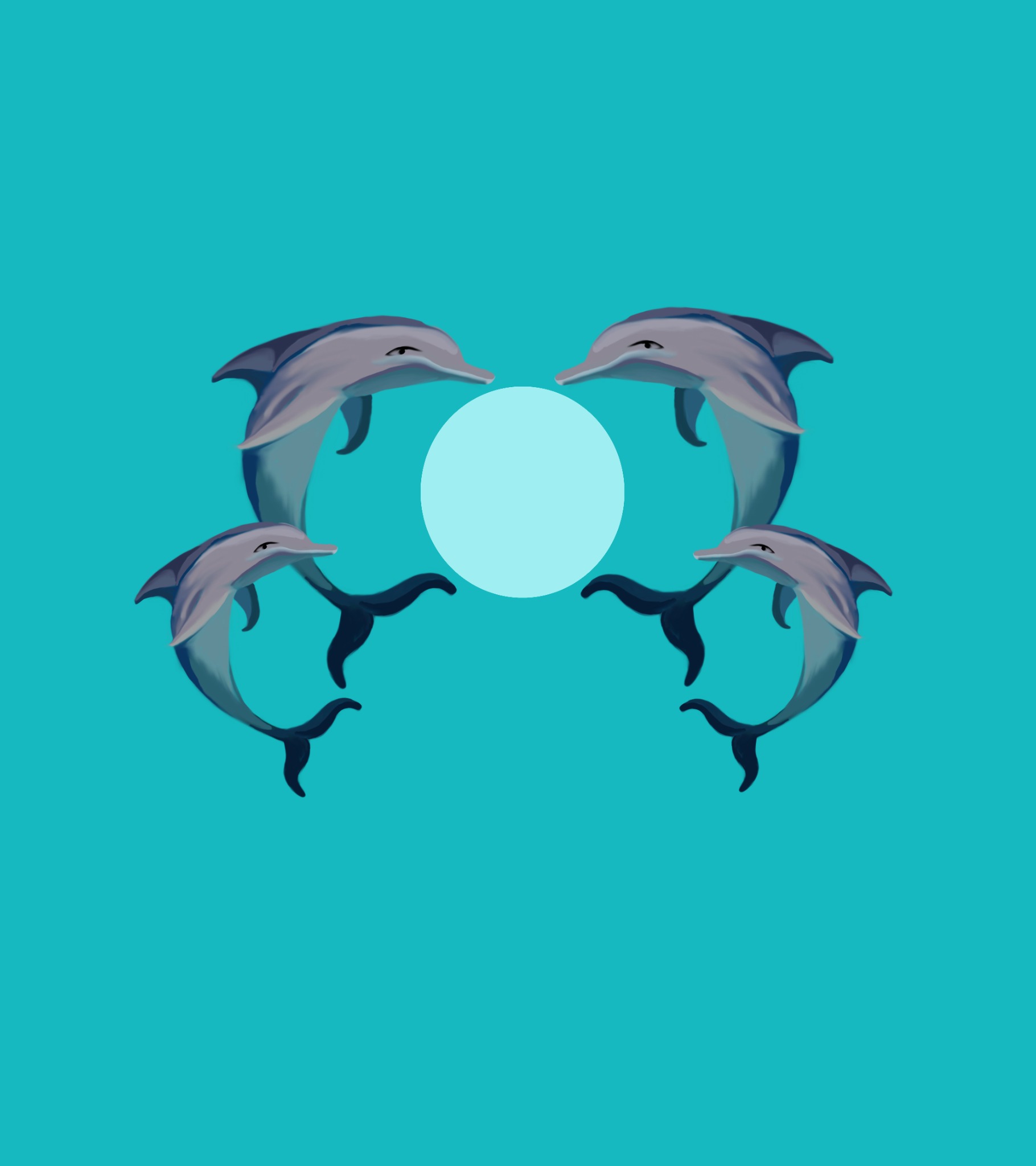 Four illustrated dolphins encircle a pale blue disk.
