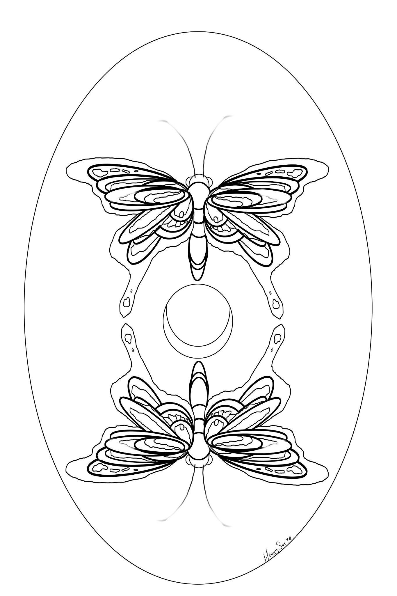 Mirrored moth-like winged creatures and a crescent moon in an oval frame.