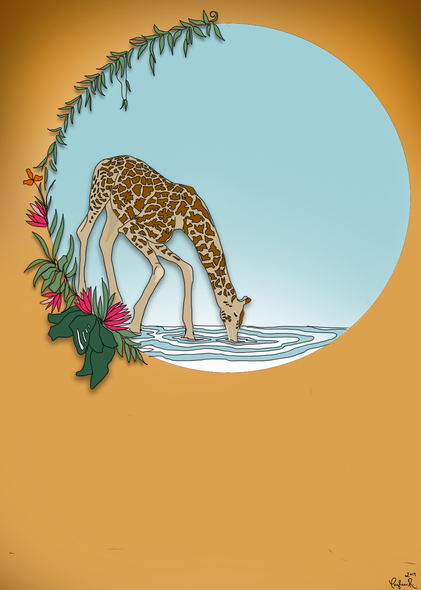 Illustrated giraffe drinking from water against a golden background.