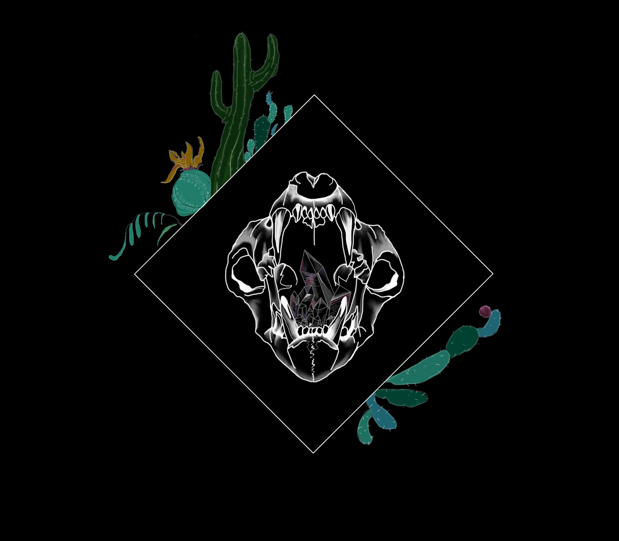 Glowing animal skull within a diamond outline and desert cacti.