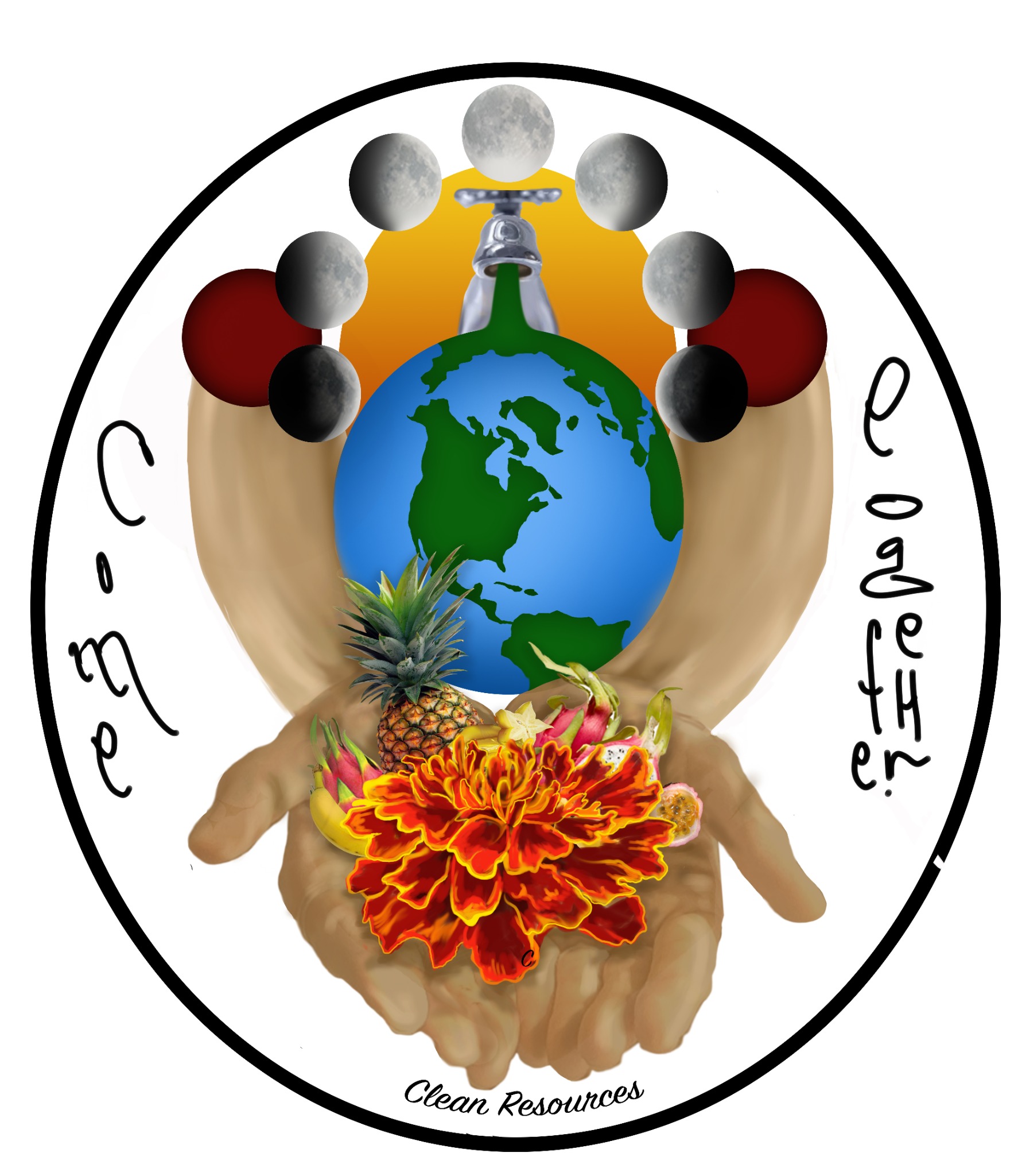 Environmental art with the Earth, moon phases, hands, fruit and flowers.
