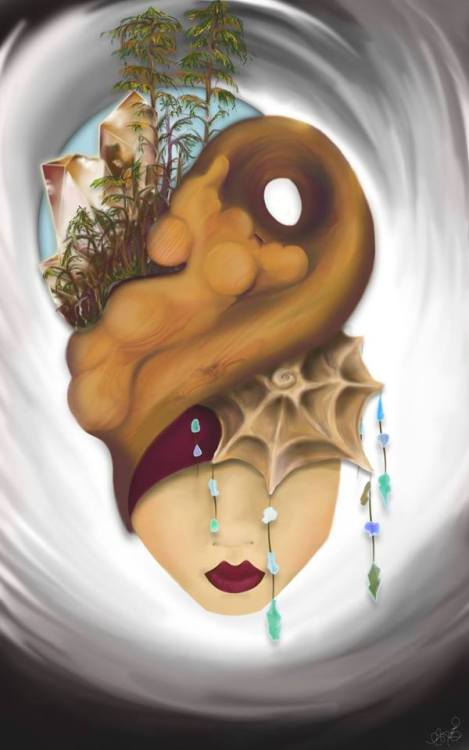 Surreal face beneath golden forms, trees and hanging ornaments.