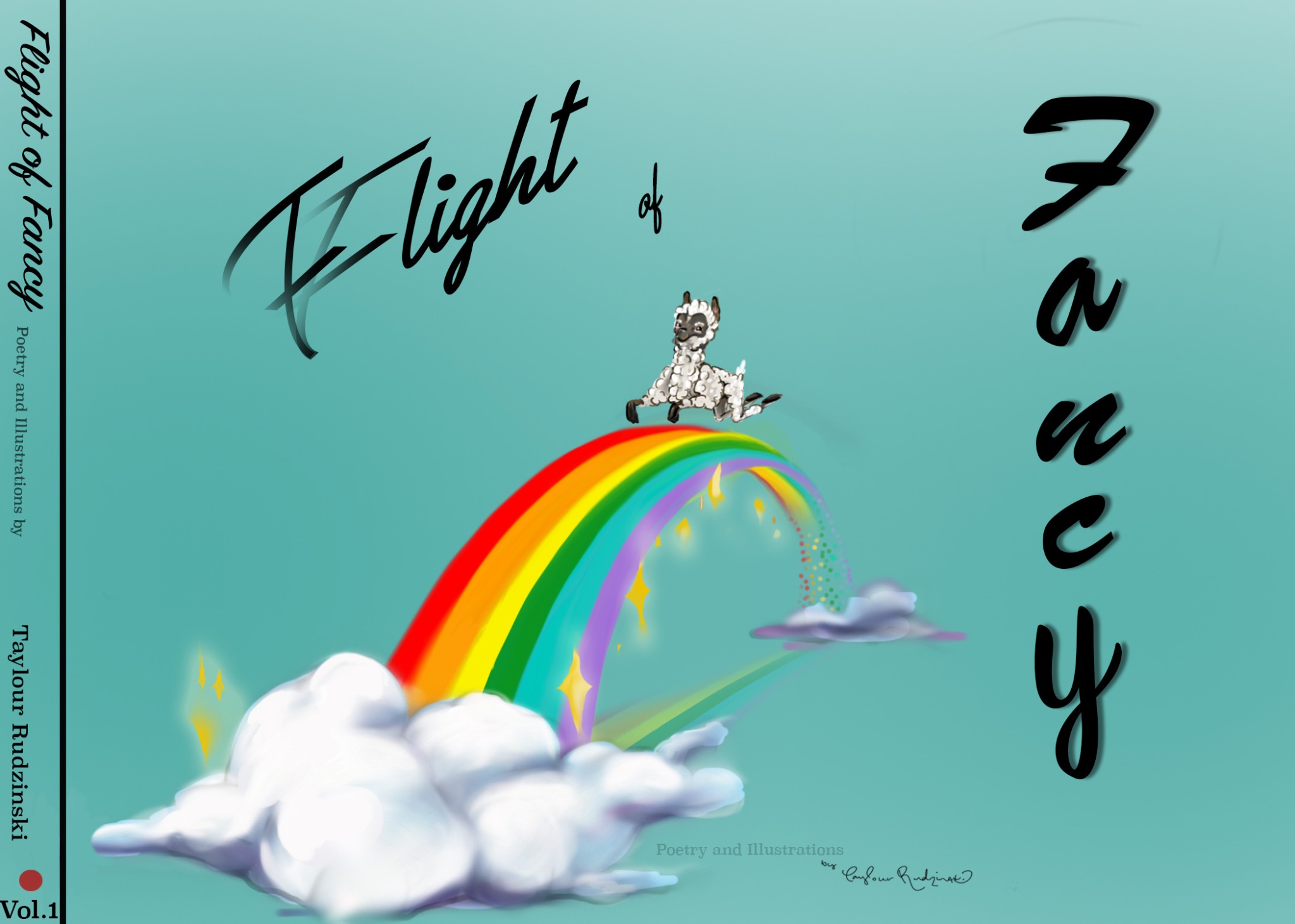 Flight of Fancy poetry and illustrations cover with rainbow and clouds.