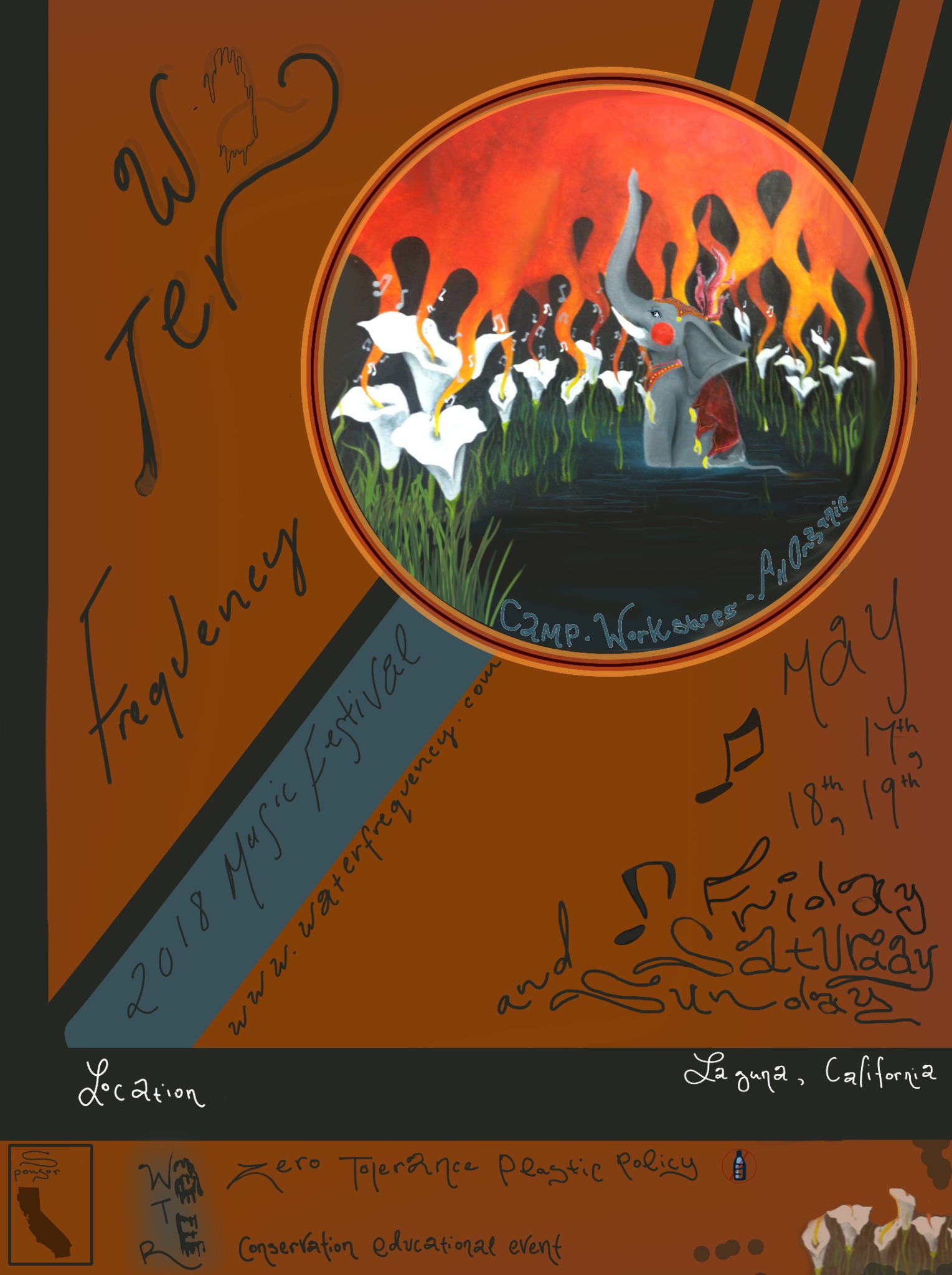Wildlife conservation event poster with elephant and flowers.